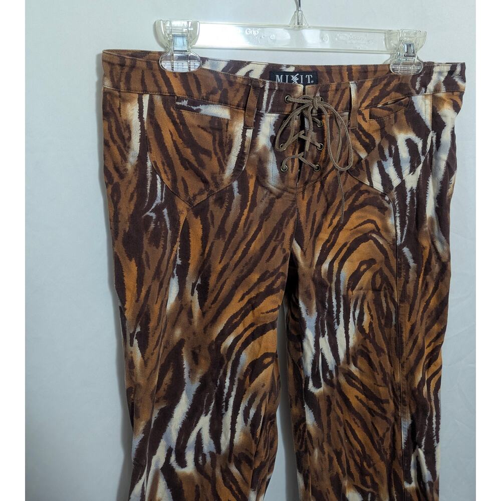 Y2K Mixit Brown Zebra Print Lace Up Low Rise Flare Pants Size 8 grunge indie - Picture 3 of 8
